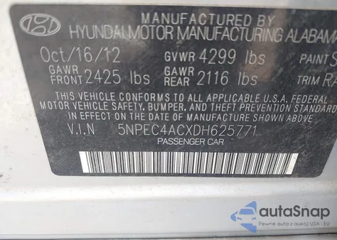 2013 Hyundai Sonata Limited z USA, uszkodzony, nr VIN 5NPEC4ACXDH625771